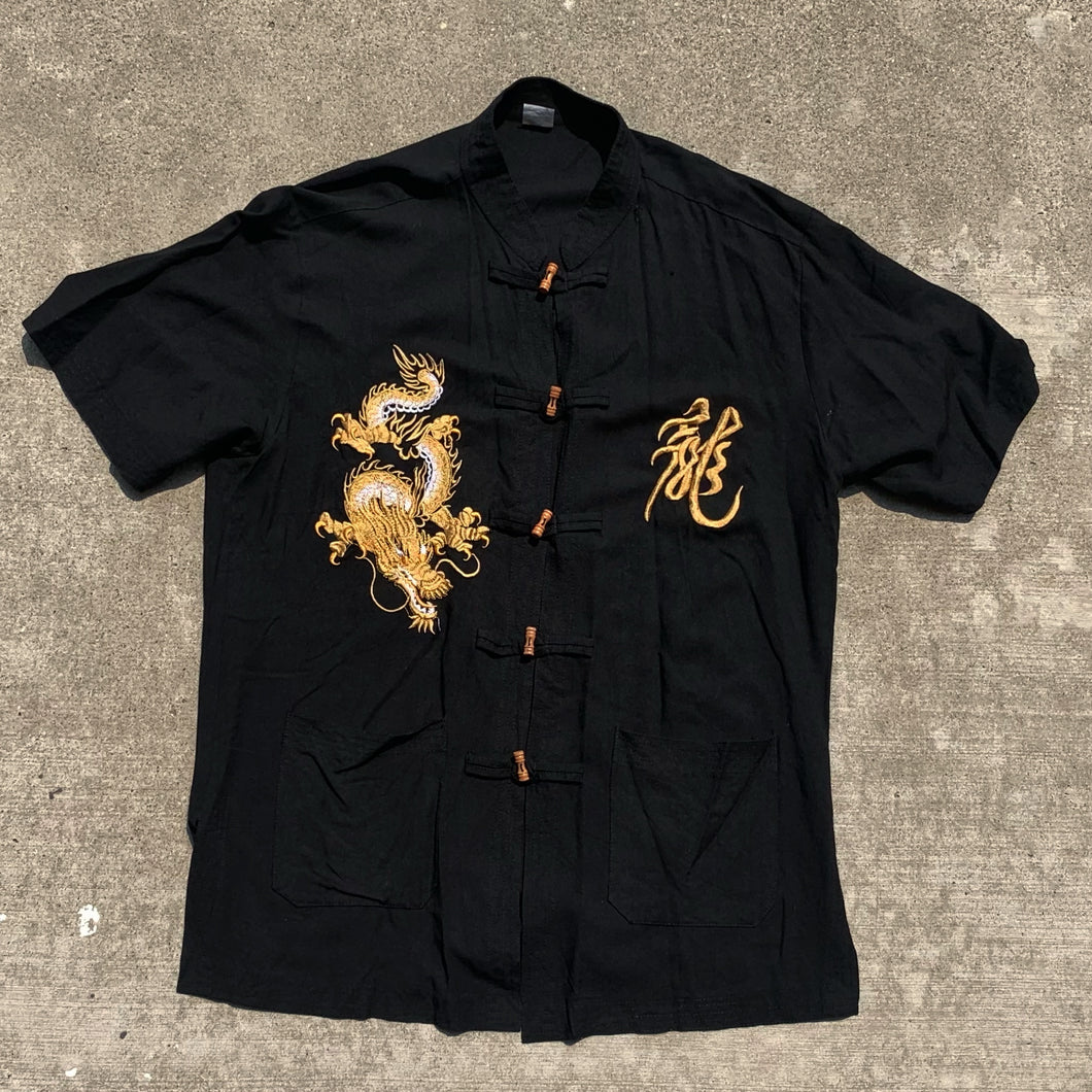 Hand Embroidered Asian Black Dragon Buttoned Short Sleeve Shirt