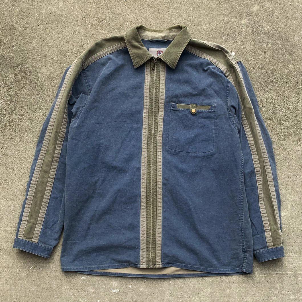 Vintage Blue Khaki Green Denim Zip Up Shirt